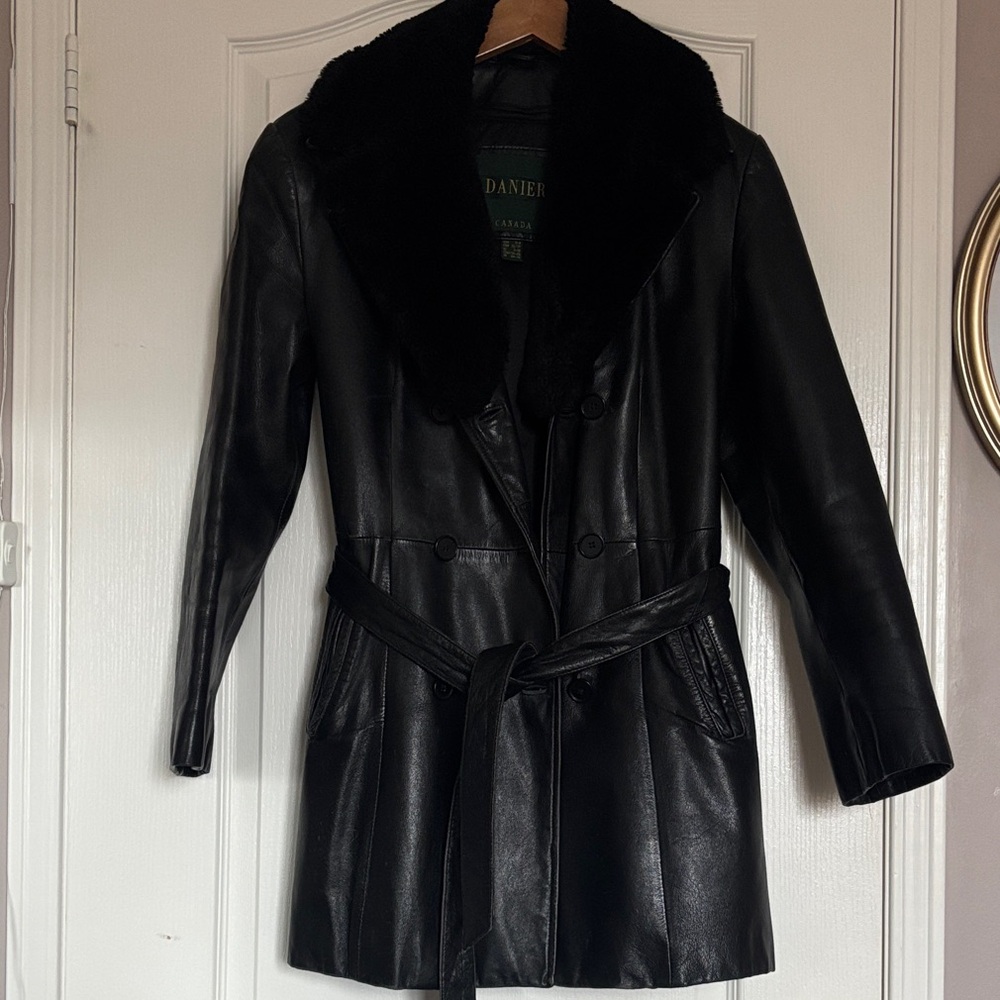 Black Leather Women's Coat with Faux Fur Collar